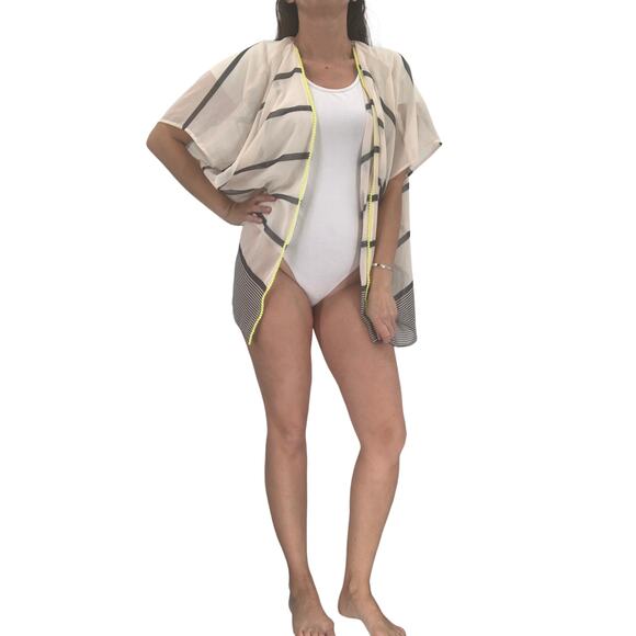 2/$30 FORTUNE Swimwear Cover Up One Size Kaitlin Pom Pom Kimono Cream Neon - Picture 7 of 7